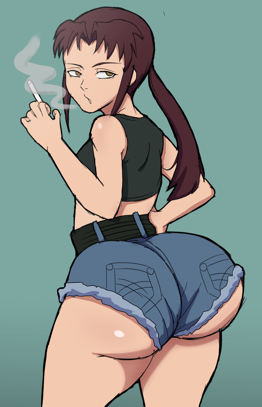 1girls ass ass_focus big_ass black_lagoon blue_shorts bottomwear brown_eyes brown_hair bubble_ass bubble_butt cigarette clothing fat_ass female female_only hair huge_ass large_ass metalsplinter ponytail revy shorts smoke smoking solo solo_female thighs topwear