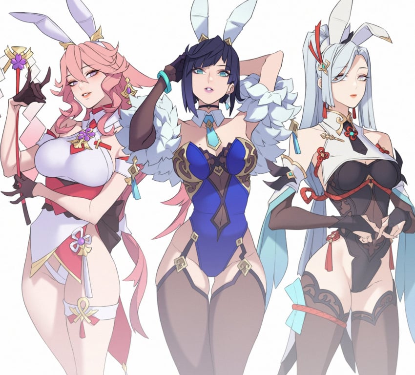 blue_eyes blue_hair bunny_ears bunnysuit citemer genshin_impact hair_between_eyes hair_ornament pink_eyes pink_hair shenhe_(genshin_impact) silver_eyes thighhighs white_background white_hair yae_miko yelan_(genshin_impact)