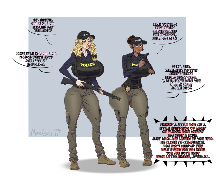 2girls ass_expansion bimbo bimbofication brainwashing breast_expansion dialogue female fully_clothed hair_color_change large_ass large_breasts lip_expansion maxtyan-tf mid-transformation police_uniform policewoman thick_lips thick_thighs thigh_expansion transformation