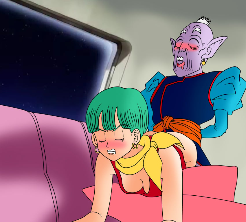 1boy 1girls 2021 ambiguous_penetration aqua_hair ass bent_over blush bottomless breasts bulma_briefs closed_eyes clothed_sex clothing doggy_style dragon_ball dragon_ball_z dress dress_lift elder_kai feet_out_of_frame female gritted_teeth highres male old_man penetration scarf setthh98 sex short_hair straight teeth