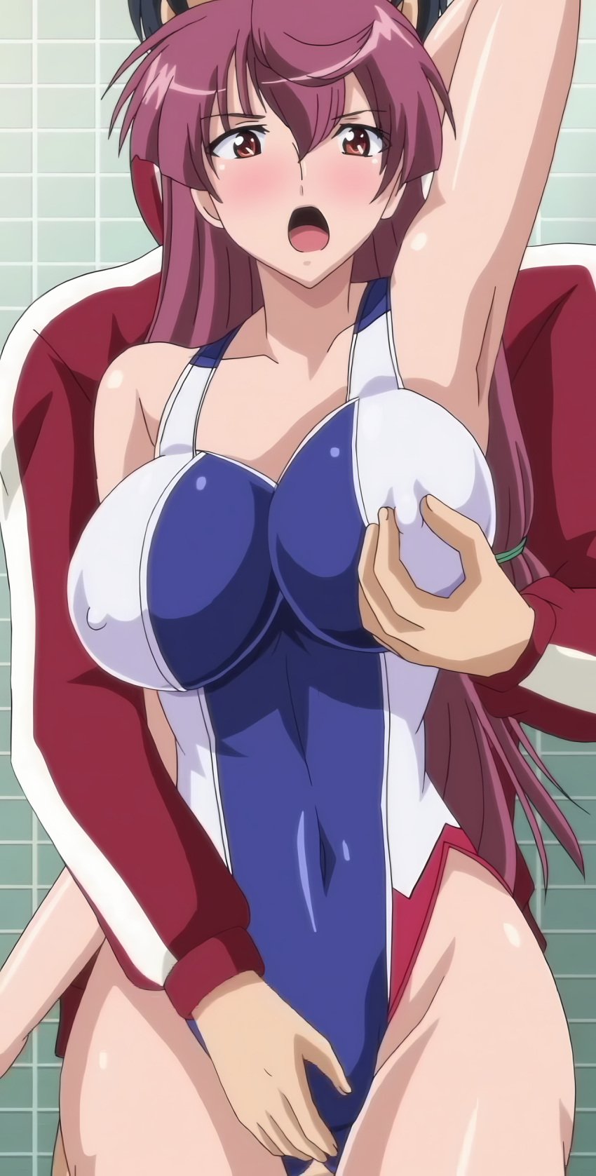 1boy 1boy1girl 1girls anime_screencap big_breasts black_hair competition_school_swimsuit competition_swimsuit covered_erect_nipples curvaceous curvy curvy_body curvy_female curvy_figure erect_nipples fingering fingering_through_clothes grabbing_from_behind large_breasts long_hair nipple_bulge one-piece_swimsuit purple_hair school_swimsuit screencap shinohara_katsumi shocked short_hair shower_room spocon! stitched straight supokon!_sports_wear_complex surprised swimsuit track_jacket tsuji_tatsuya