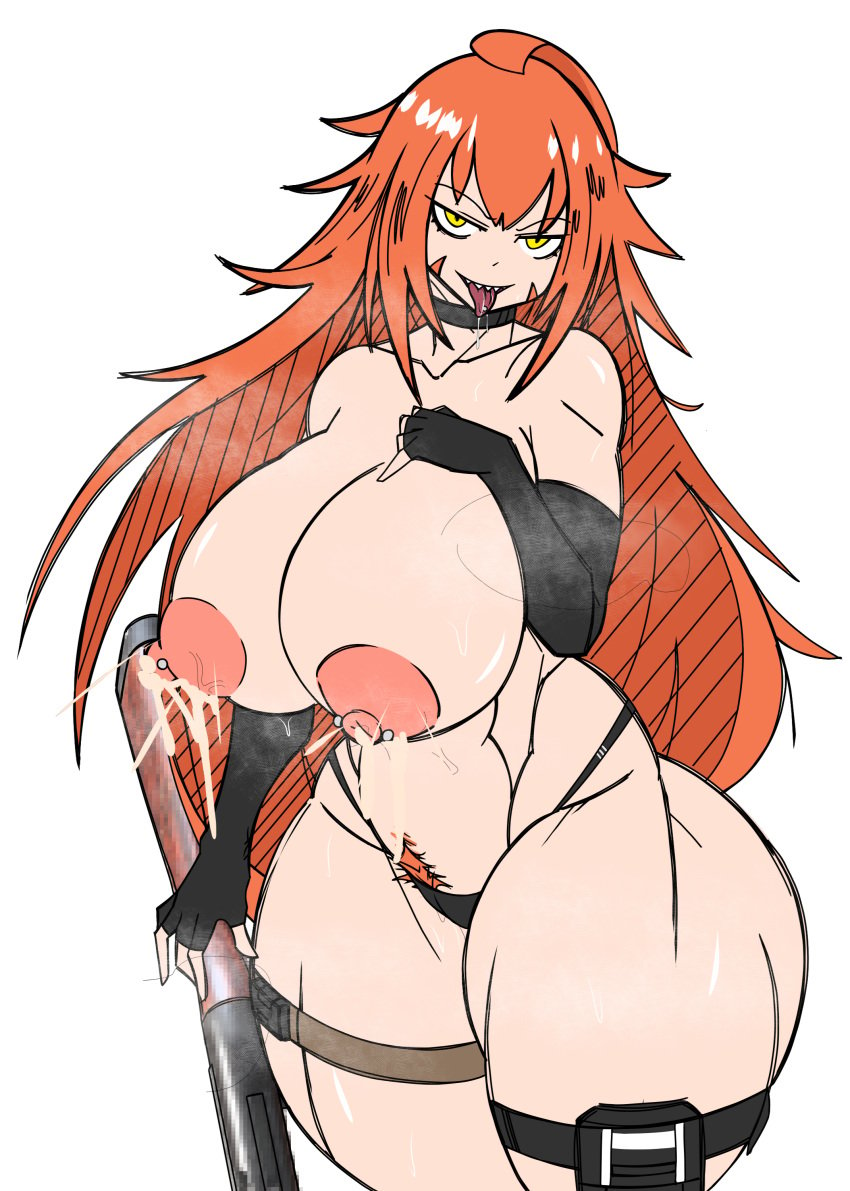 1girls 2d areolae big_ass big_breasts bikini breasts choker detached_sleeves girls'_frontline hairy kannedkielbasa ks-23 ks-23_(girls'_frontline) lactation nipple_piercing nipples nude nude_female orange_hair pouch pubic_hair saliva_drip sharp_teeth shotgun solo spiked_hair spiky_hair steam sweat sweaty thick_thighs thigh_strap tongue_piercing uncensored venus_body voluptuous voluptuous_female wide_hips yellow_eyes