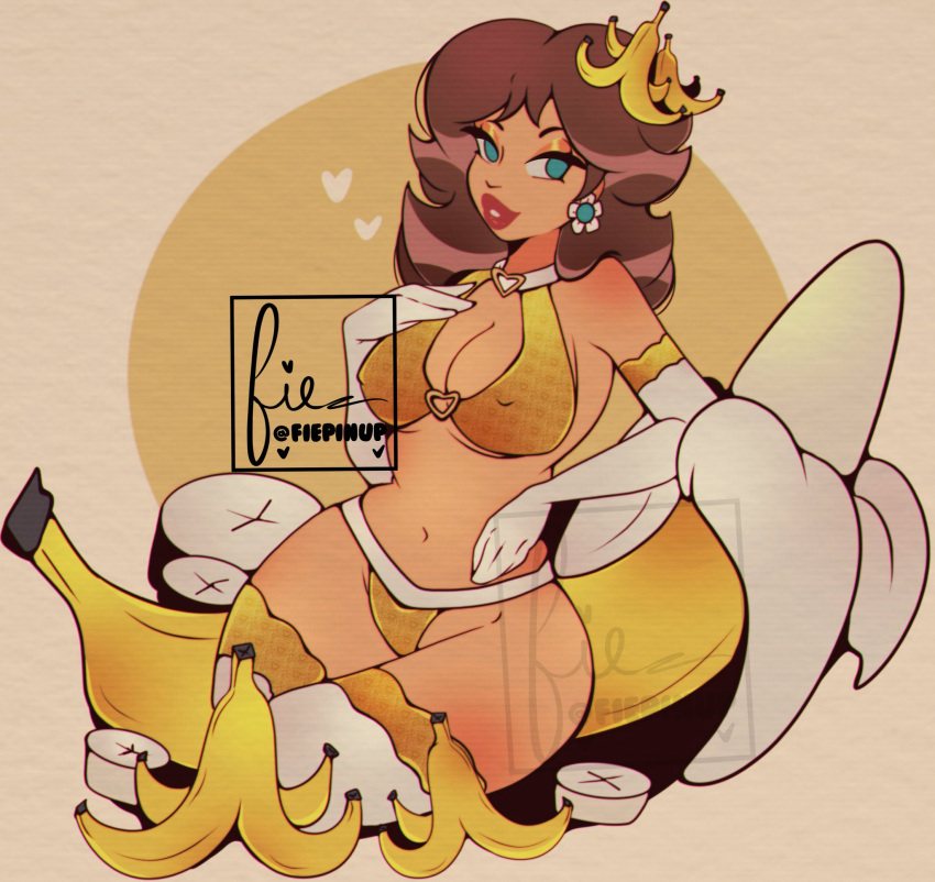 1girls banana bikini blue_eyes breasts brown_hair cleavage earrings eyeshadow female female_only fiepinup flower_earrings lingerie lips lipstick mario_(series) nintendo princess_daisy shoulder_length_hair solo