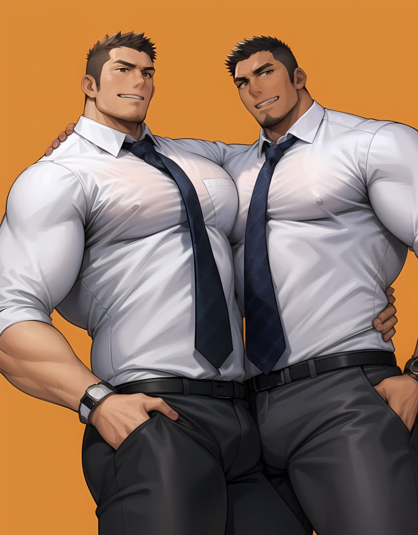 2boys ai_generated bara beard belt between_pectorals black_hair black_pants brown_hair bulge collared_shirt covered_nipples dark-skinned_male dark_skin facial_hair large_pectorals looking_at_viewer male_focus mature_male multiple_boys muscular muscular_male necktie orange_background pants pectoral_press pectorals salaryman see-through shirt short_hair sideburns smile stable_diffusion stubble thick_arms thick_eyebrows thick_thighs thighs tight wet_clothes white_shirt yaoi