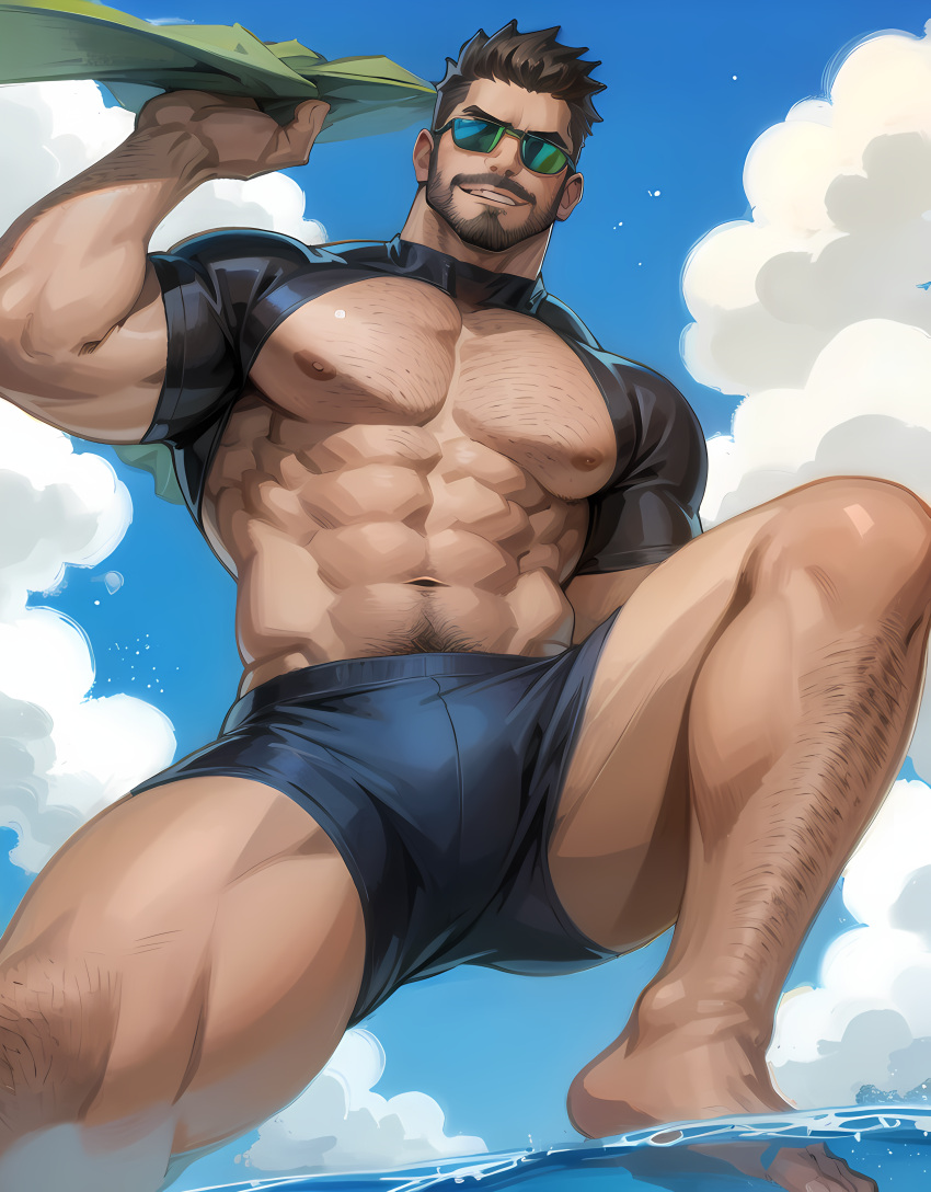 1boy 2023 abs ai_generated arm_hair bara bare_pectorals beard body_hair brown_hair bulge chest_hair cloud cloudy_sky day facial_hair hairy human large_pectorals leg_hair looking_at_viewer male male_focus male_only male_pubic_hair male_swimwear mature_male muscular muscular_male navel navel_hair nipples outdoors pectorals short_hair shrug_(clothing) sky smile solo stable_diffusion stomach sunglasses thick_thighs thighs water