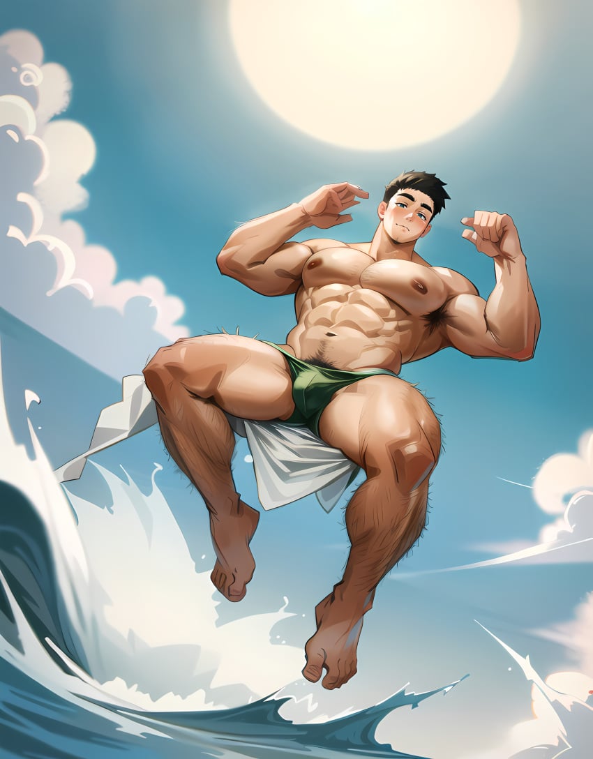 1boy 2023 abs ai_generated bara black_hair blush bulge chest_hair cloud cloudy_sky day facial_hair full_body human large_pectorals leg_hair looking_at_viewer male male_only male_swimwear mature_male muscular muscular_male navel navel_hair nipples outdoors pectorals pointing_at_self short_hair sideburns sky smile solo stable_diffusion stomach stubble sun swim_briefs thick_eyebrows thick_thighs thighs topless_male water