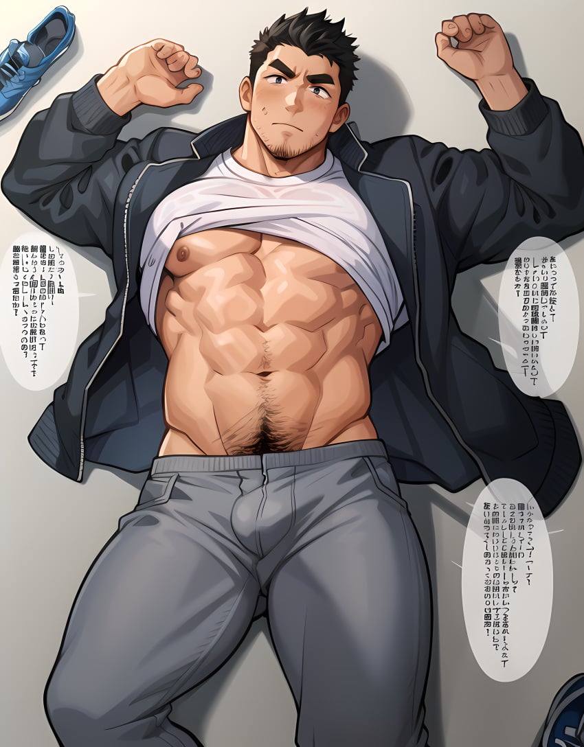 1boy 2023 abs ai_generated bara bare_pectorals beard black_hair black_jacket blush bulge clothes_lift facial_hair feet_out_of_frame grey_pants human jacket large_pectorals looking_at_viewer lying male male_only male_pubic_hair mature_male muscular muscular_male navel navel_hair nipples on_back open_clothes open_jacket pants pectorals pubic_hair shirt shirt_lift short_hair sideburns solo stable_diffusion stomach stubble thick_eyebrows thick_thighs thighs track_pants white_shirt