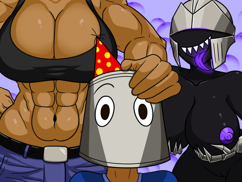 abs absurd_res biceps big_breasts big_muscles birthday blacksmith bra cromster dark-skinned_female fangs female_mimic female_minotaur gauntlets glowing_tongue grabbing_breasts grabbing_own_breast hand_on_another's_head heten hi_res highres knight_helmet large_breasts larger_female mimic minotaur muscular muscular_arms muscular_female naked nude nude_female oc purple_nipples purple_tongue tan_body tan_skin tara_nearis thick_thighs