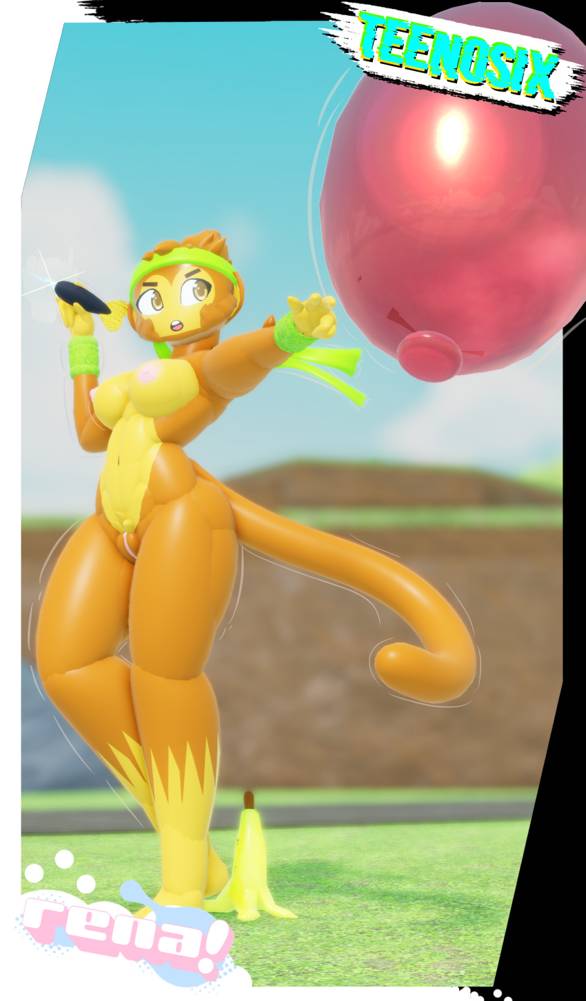 1girls 3d accessory aiming aiming_weapon anthro balloon banana bloons_tower_defense breasts brown_body brown_eyes brown_fur clothing completely_nude completely_nude_female dart digital_media_(artwork) female female_only food fruit full_body fur genitals haplorhine headband headgear headwear hi_res inflatable mammal monkey naked naked_female ninja_kiwi nipples nude nude_female plant primate pussy renabahn shaking solo solo_female solo_focus teenosix wristband