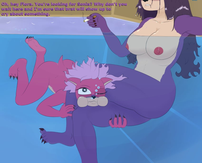 2girls age_difference anthro areola around_drum asphyxiation ass bite biting_lip breasts cigarette dialogue drowning duo english_text eulipotyphlan female female/female fur furry hair headlock hedgehog hi_res mammal nipples nude partially_submerged partially_underwater_shot pool queen_aleena sega sonia_the_hedgehog sonic_(series) sonic_the_hedgehog_(series) sonic_underground submerged tamers12345's_sonic_underground text ugly ugly_female underwater water wet wet_body wet_fur wet_hair