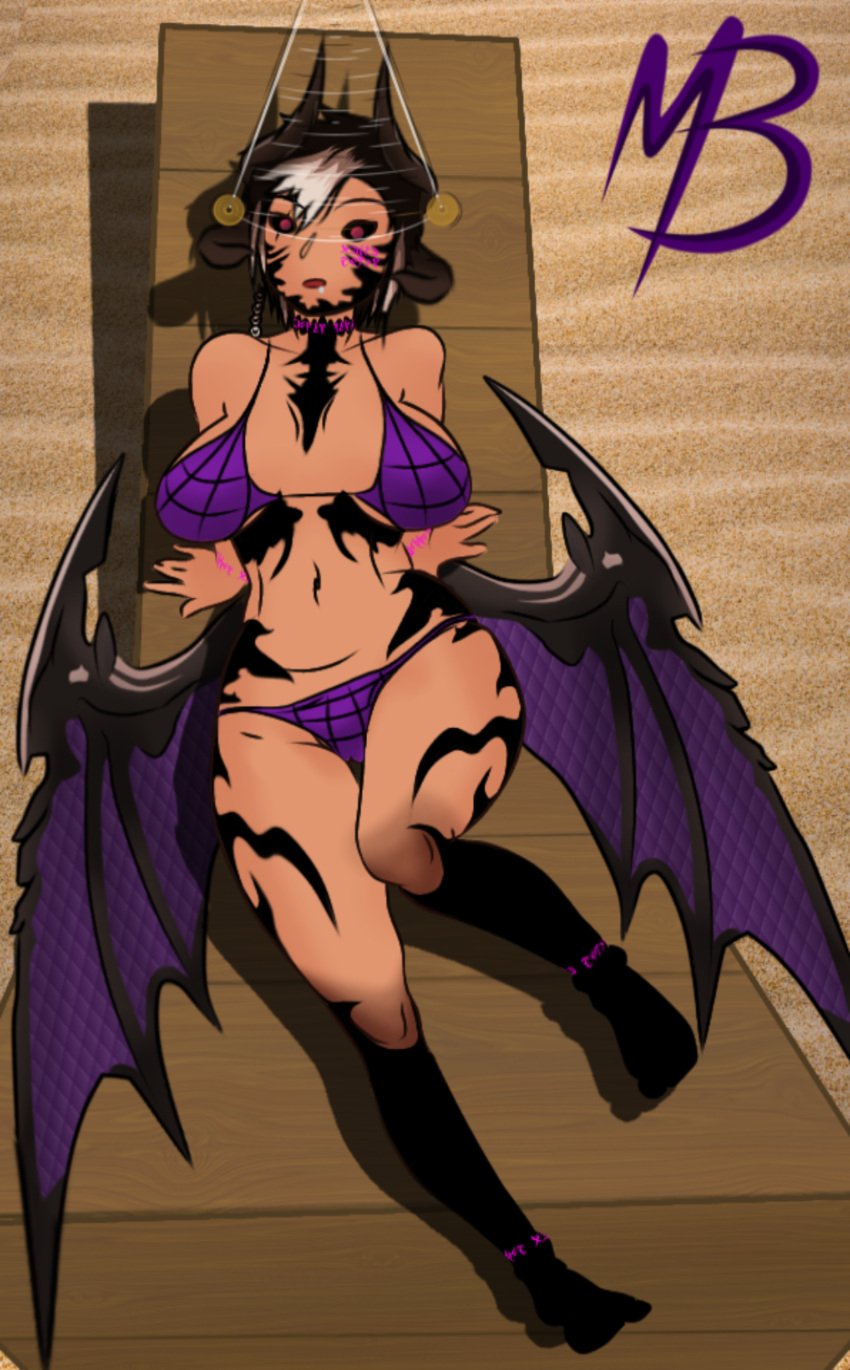 beach beach_background beach_chair bikini bikini_bottom bikini_top black_eyes black_hair dragon dragon_girl horns hypnosis hypnosis master_blankie pink_eyes scales wings