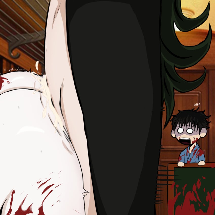 ass blood cum_in_ass demon_slayer enmu femboy_on_femboy green_hair human_on_demon inside_train kimetsu_no_yaiba shocked_expression slayer thick_ass