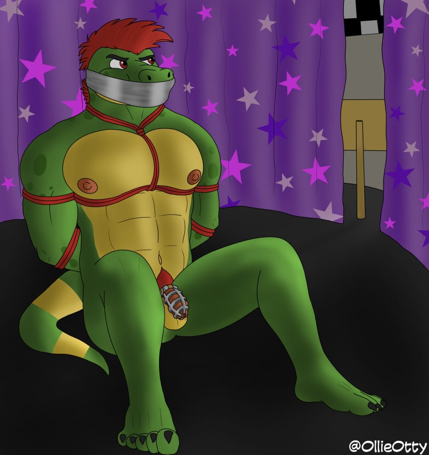 abs absurd_res alligator alligatorid anthro bondage bound captured chastity_cage chastity_device claws crocodilian five_nights_at_freddy's five_nights_at_freddy's:_security_breach flaccid gag hi_res male male_only montgomery_gator_(fnaf) muscular nipples nude ollieotty pecs reptile restraints rope rope_bondage rope_harness scalie scottgames solo tape tape_gag