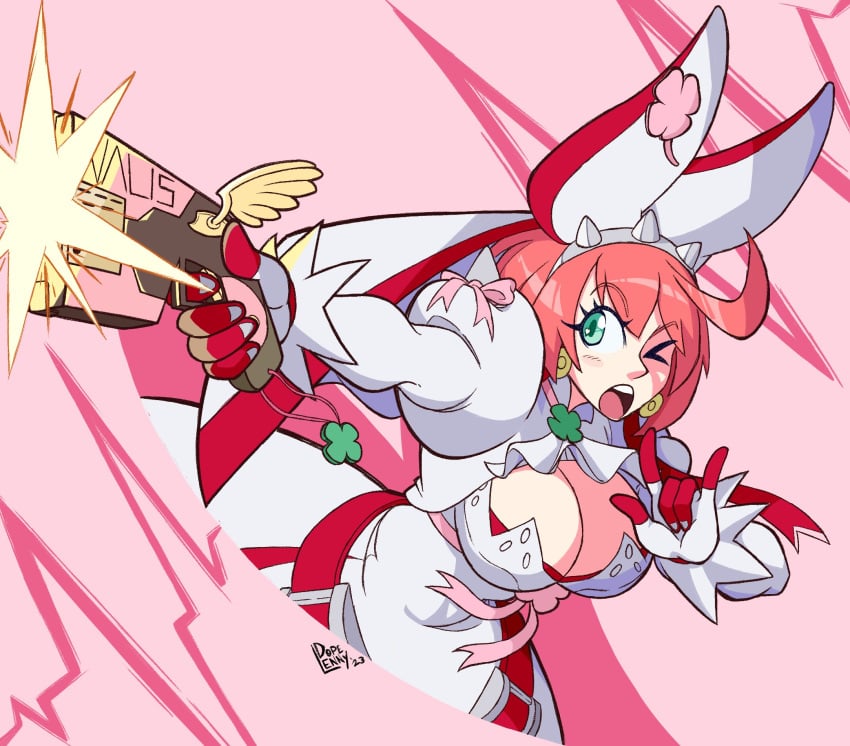 1girls animal_ears big_ass blue_eyes breasts bridal_veil cleavage dopedarkmode dress earrings elphelt_valentine fake_animal_ears female female_only flower guilty_gear guilty_gear_xrd gun hairband handgun highres holding holding_gun holding_weapon huge_breasts jewelry large_breasts petals pink_hair rabbit_ears short_hair smile solo weapon wedding_dress