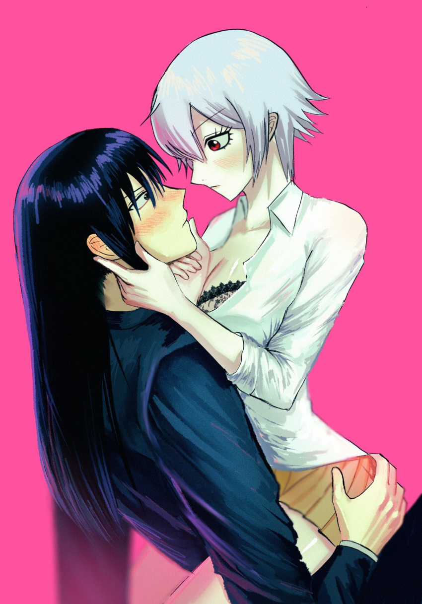 1boy 1girls black_hair blouse blush bra_cups_sticking_out canon_genderswap class_3-z cleavage eye_contact female gakuran genderswap_(mtf) gimbabeat ginko_sakata gintama gintoki_sakata hand_on_another's_face hand_on_ass katsura_kotarou lace-trimmed_bra long_hair_male looking_at_another male official_alternate_costume pink_background pleated_skirt red_eyes rule_63 school_uniform short_hair shy silver_hair sitting_on_lap sitting_on_person sleeves_rolled_up tomboy very_short_hair white_hair