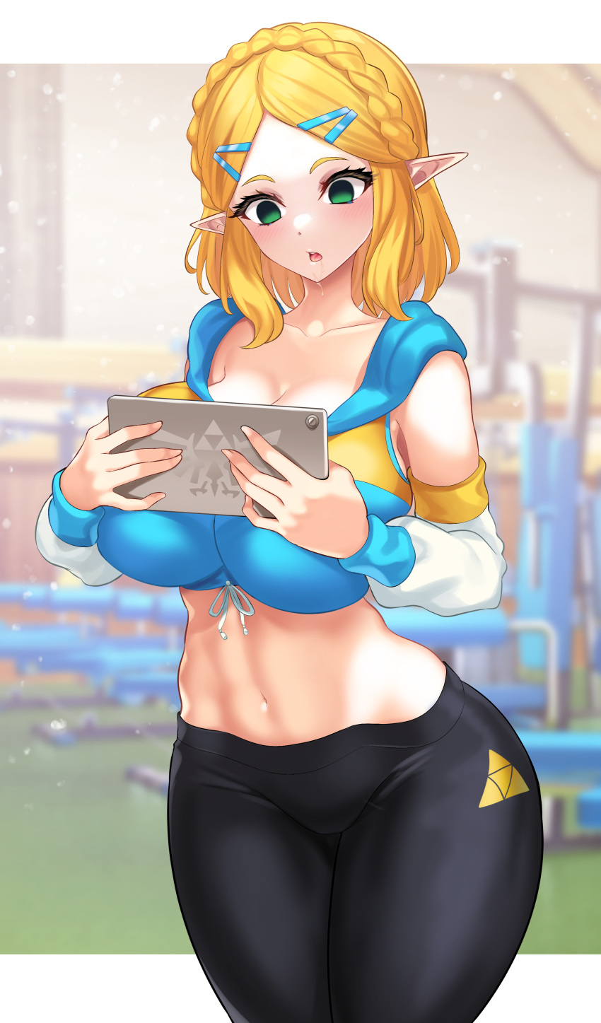 1girls blonde_hair blue_hoodie breasts cropped_hoodie detached_sleeves green_eyes gym gym_clothes hairclip holding_tablet hoodie hypnosis large_breasts leggings midriff mind_control navel nez-box nintendo princess_zelda short_hair single_braid tablet tears_of_the_kingdom tech_control the_legend_of_zelda workout_equipment yoga_pants zelda_(tears_of_the_kingdom)