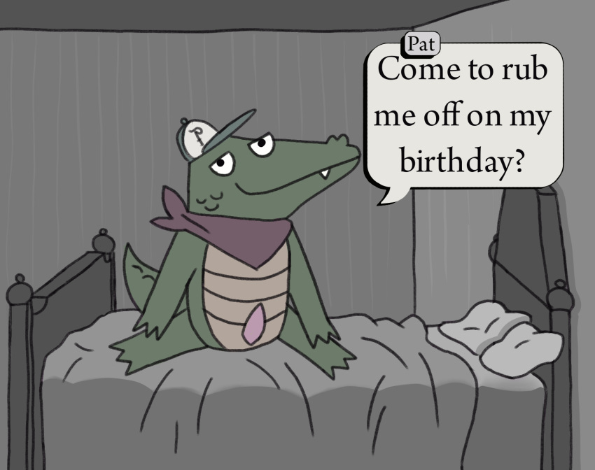 alligator alligatorid anthro bandana bed bedding bedroom blanket clothing crocodilian dialogue english_text erection furniture genitals gentlemandemon green_body green_scales hat headgear headwear hi_res kerchief later_alligator male narrowed_eyes pat_(later_alligator) penis pillow presenting presenting_penis reptile scales scalie sitting smile smirk solo tapering_penis teeth text