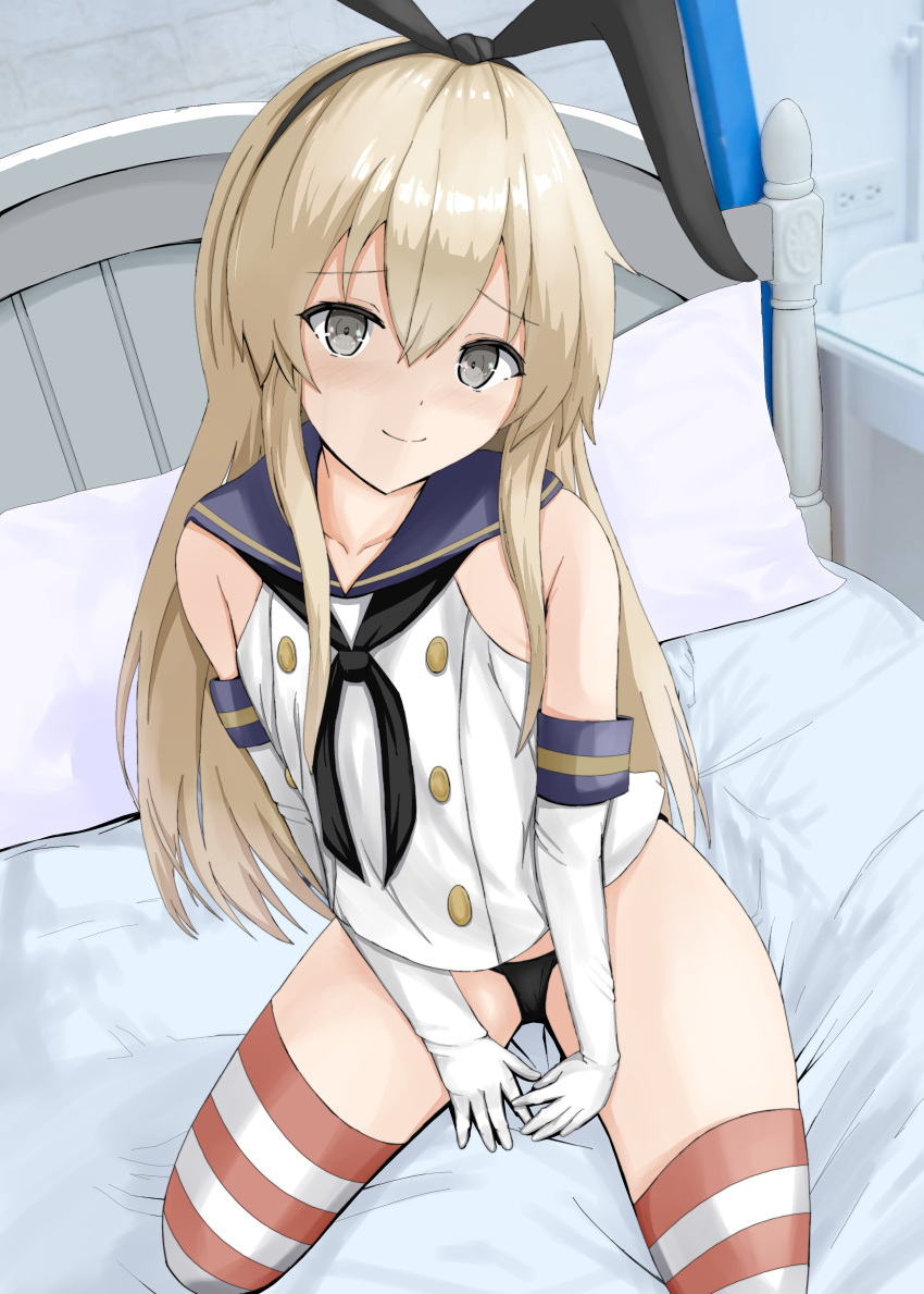 bed black_hairband black_neckerchief black_panties blonde_hair blue_sailor_collar buttons crop_top elbow_gloves female gloves grey_eyes hairband kantai_collection long_hair looking_at_viewer neckerchief no_pants panties sailor_collar solo striped striped_thighhighs thigh thighhighs underwear white_gloves