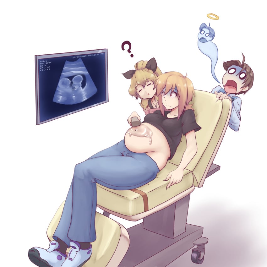 2girls1boy blind bloated bloated_belly blonde_hair closed_eyes clothed clothing cross_section death female fetus ghost giving_up_the_ghost jeans katawa_shoujo legs_together male_death medical nakai_hisao navel outie-navel pregnant red_eyes req reqqles satou_akira satou_lilly shocked sisters tight_clothing triplets ultrasound uterus wide_eyed worried