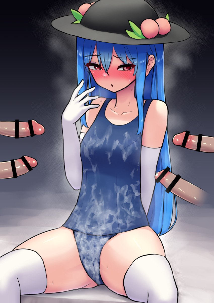 1girls cum cum_on_body cum_on_clothes cum_on_swimsuit dried_cum flushed gloves group legwear multiple_penises swimsuit tenshi_hinanawi touhou zakku_(kya--193)