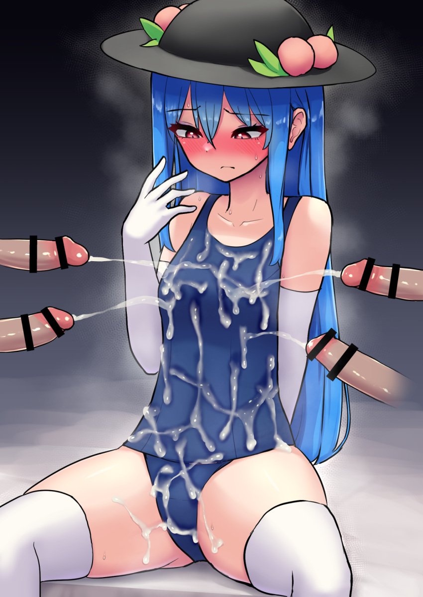 1girls bottom_heavy bukkake cum cum_on_body cum_on_breasts cum_on_clothes cum_on_swimsuit flat_chest flushed gloves group legwear multiple_penises small_breasts swimsuit tenshi_hinanawi thick_thighs touhou zakku_(kya--193)