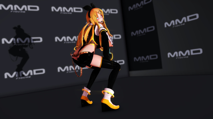 3d alternate_breast_size ass_cleavage belt big_breasts blonde_hair blue_eyes bow_hairband butt_crack erect_nipples headset_microphone huge_breasts image iwara kagamine_rin lion_musashi long_sleeves mmd nipple_cutout open_mouth seductive_gaze skimpy tall_female thighhighs vocaloid