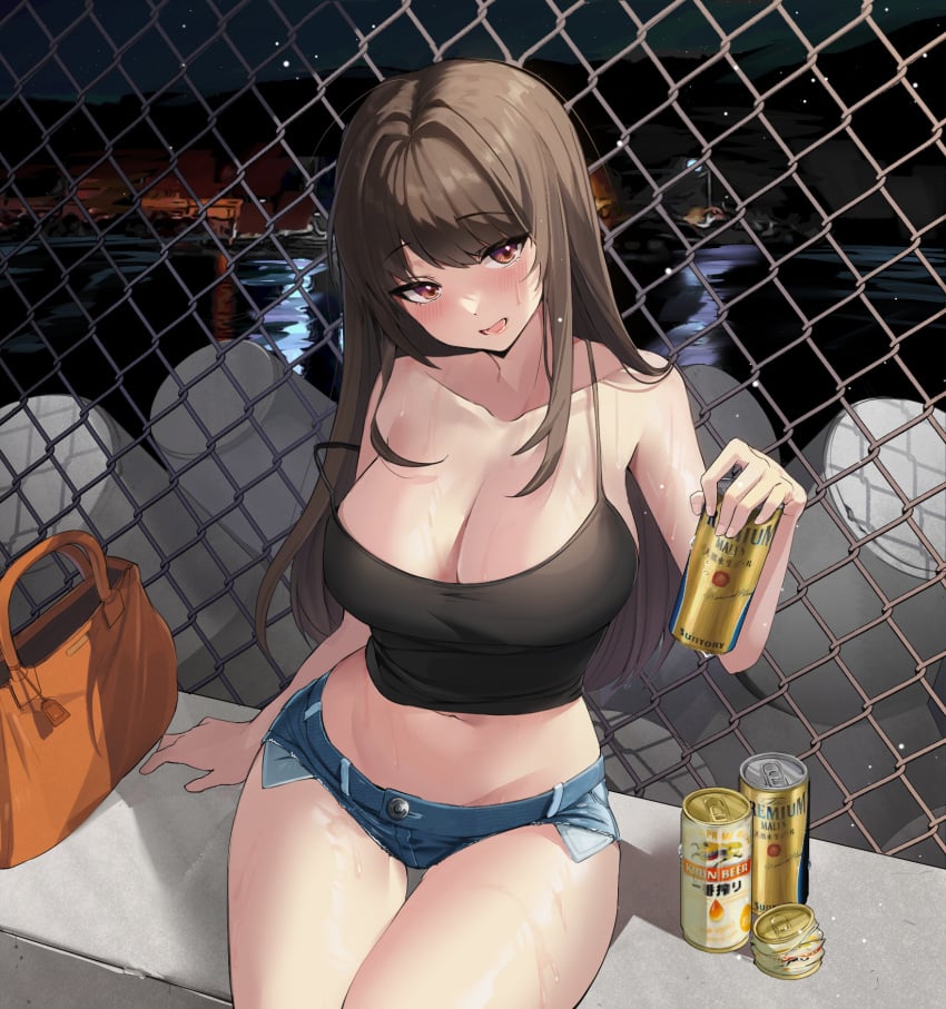 alcohol arm_support bag bangs bare_arms bare_shoulders beer beer_can black_shirt blue_shorts blush breasts brown_eyes brown_hair camisole can chain-link_fence cleavage collarbone crop_top cutoffs denim denim_shorts exposed_pocket female fence handbag head_tilt highres large_breasts long_hair micro_shorts midriff navel night night_sky open_mouth original shirt short_shorts shorts sitting sky sleeveless sleeveless_shirt smile somyo_(s0my0) spaghetti_strap stomach strap_gap strap_slip sweat tetrapod thigh_gap thighs water wet