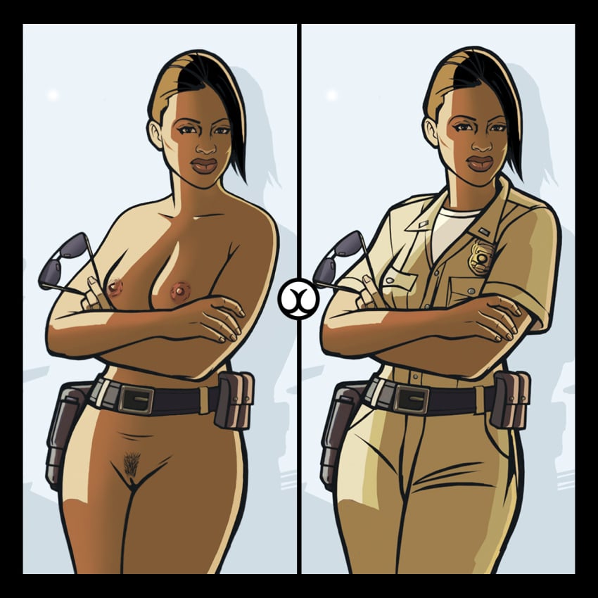 1girls absurd_res absurdres barbara_schternvart bare_shoulders before_and_after belt brown_eyes brown_hair cleavage collarbone crossed_arms dark-skinned_female dark_skin erect_nipples eyewear_removed female female_only grand_theft_auto grand_theft_auto:_san_andreas gtauto-x large_breasts navel police police_uniform policewoman short_hair solo solo_female solo_focus sunglasses sunglasses_removed watermark