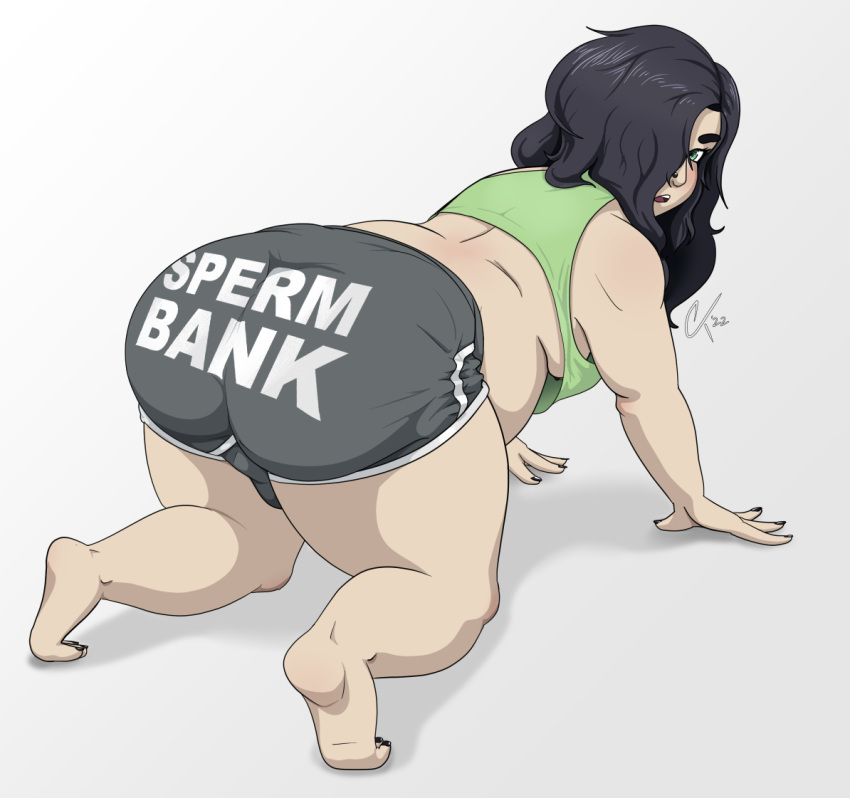 big_ass big_butt black_hair black_nipples bulge chubby cobaltkilter femboy goth goth_boy mathis_(cobaltkilter) moobs nose_piercing shorts sperm_bank tank_top