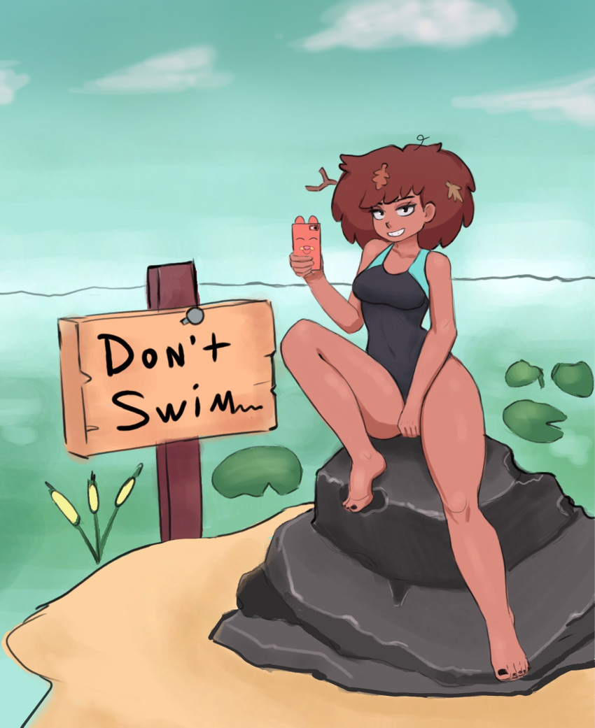 1girls amphibia anne_boonchuy bare_arms bare_legs barefoot collar dark-skinned_female female female_focus female_only looking_at_viewer messy_hair phone short_hair sign simple_background solo solo_focus spread_legs straight_hair swimsuit tagme text thick_thighs wide_hips zelles