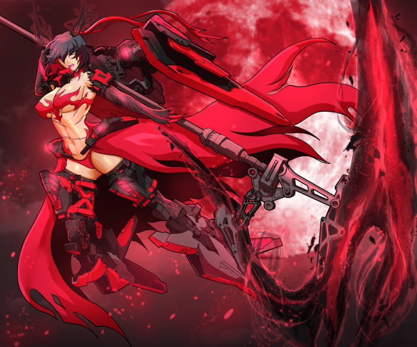 1girls artist_request big_breasts black_hair breasts color cool_colors demon demon_girl demon_horns detailed_background female female_only horns i'm_the_grim_reaper machine mechanical mechanical_arms mechanical_leg mechanical_legs mechanical_wings red_eyes red_hair scarlet_(i'm_the_grim_reaper) scars scythe solo thighhighs thighs weapon webcomic webcomic_character webtoon