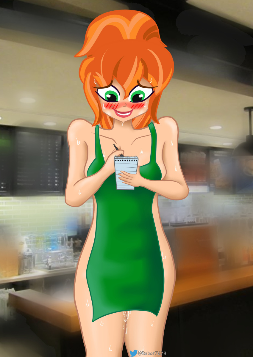 1girls apron apron_only barbara_gordon batgirl blush dc dc_comics dc_super_hero_girls female female_only green_eyes iced_latte_with_breast_milk meme nervous nervous_smile nude orange_hair ponytail robot7678 solo starbucks sweat waitress