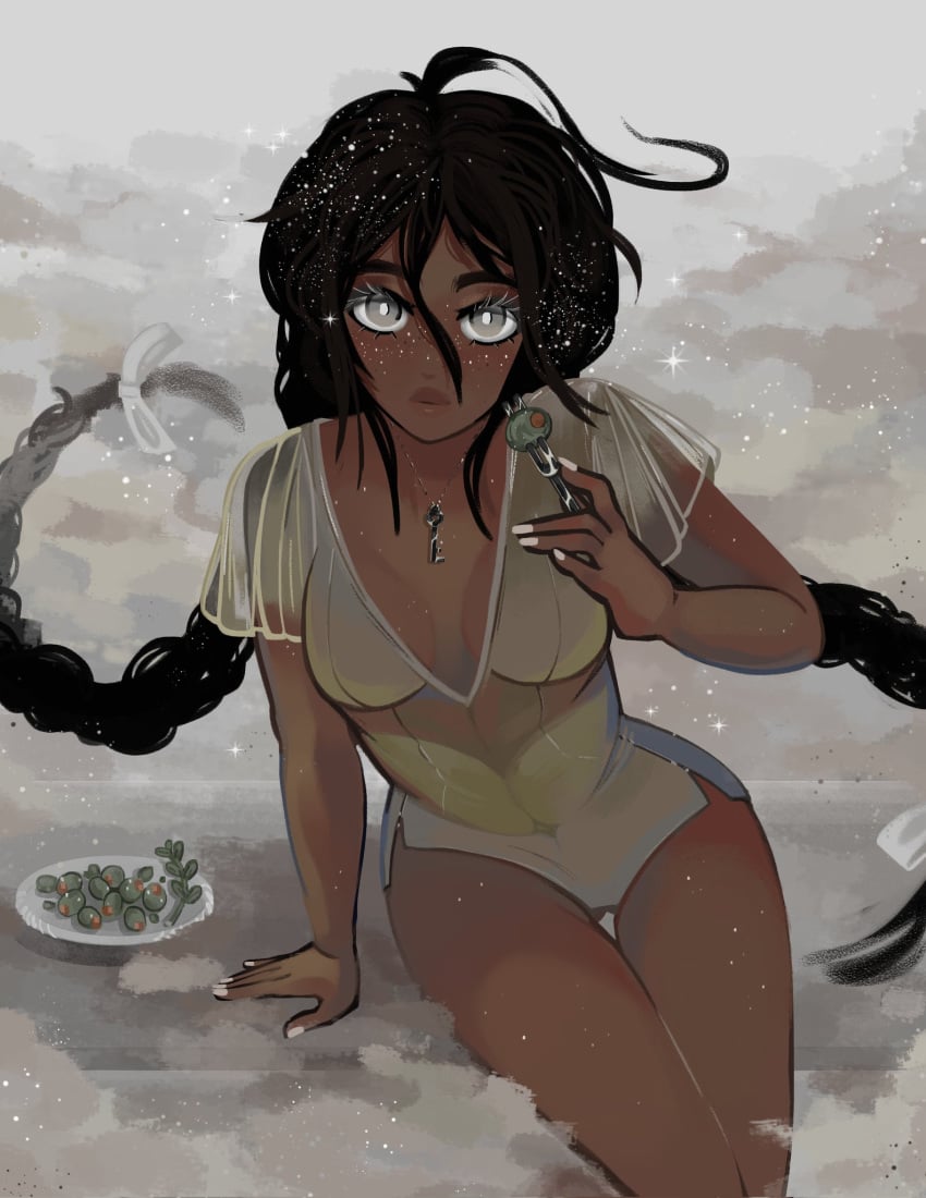 angel artist_request black_hair breasts celeste_(i'm_the_grim_reaper) collar color cute dark-skinned_female dark_skin eating eating_food female female_focus female_only gray_eyes i'm_the_grim_reaper key long_hair small_breasts spoon starkrimson thighs webcomic webcomic_character webtoon white_eyes white_fingernails