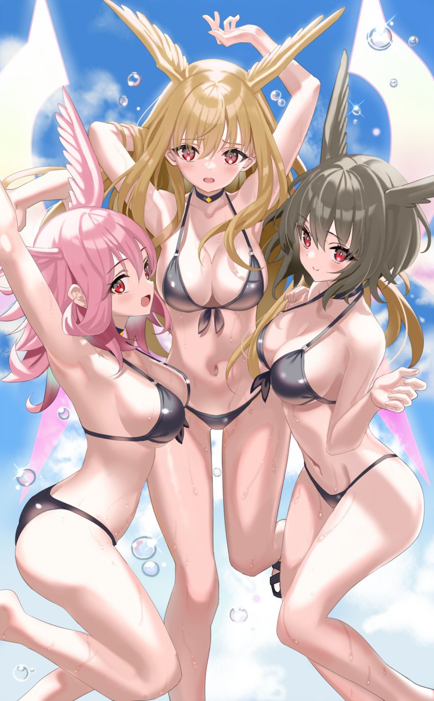 3girls ass bangs bare_shoulders bikini black_bikini black_eyebrows black_hair blonde_eyebrows blonde_hair blush breasts cleavage collarbone energy_wings fate/grand_order fate_(series) female female_ass female_focus female_only head_wings highres hildr_(fate) large_breasts long_hair looking_at_viewer multiple_girls navel open_mouth ortlinde_(fate) pink_eyebrows pink_hair red_eyes shino_(eefy) short_hair sidelocks smile sweat sweaty_breasts swimsuit thighs thrud_(fate) valkyrie_(fate)