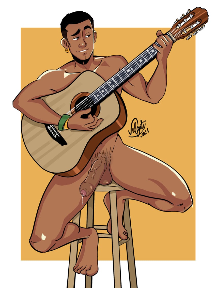 boner dark-skinned_male dark_skin erect_penis erection guitar hard_on male male_only melanin muscles muscular muscular_male playing_guitar precum sitting smooth_chest smooth_skin uncut veiny_penis velgaty