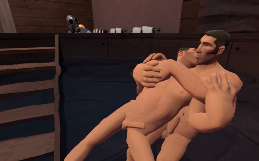 2boys 3d black_hair cheating_boyfriend closed_eyes embrace erection furei garry's_mod gasmask gay glasses_removed human human_male human_only imminent_sex jacuzzi kissing legs_apart male male_only medic medic_(team_fortress_2) multiple_males multiple_penises nude penis_size_difference pyro pyro_(team_fortress_2) scars sniper sniper_(team_fortress_2) tagme team_fortress_2 towel_rack valve voyeur watching yaoi