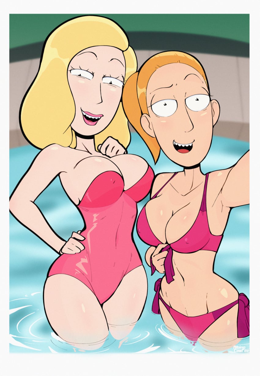2girls albinocawfee beth_smith big_breasts bikini bikini_bottom bikini_top black_eyes blonde_hair bottomwear breasts_out canon_costume cleavage clothing daughter electronics female female_only hair hand_on_hip hips human lipstick long_hair mature mature_female mature_woman milf mother mother_and_daughter nonsexual orange_hair pale_skin phone pink_bikini pink_lips pink_lipstick pink_swimsuit ponytail pool rick_and_morty selfie selfie_pose summer_smith swimwear teeth thighs tied_hair topwear