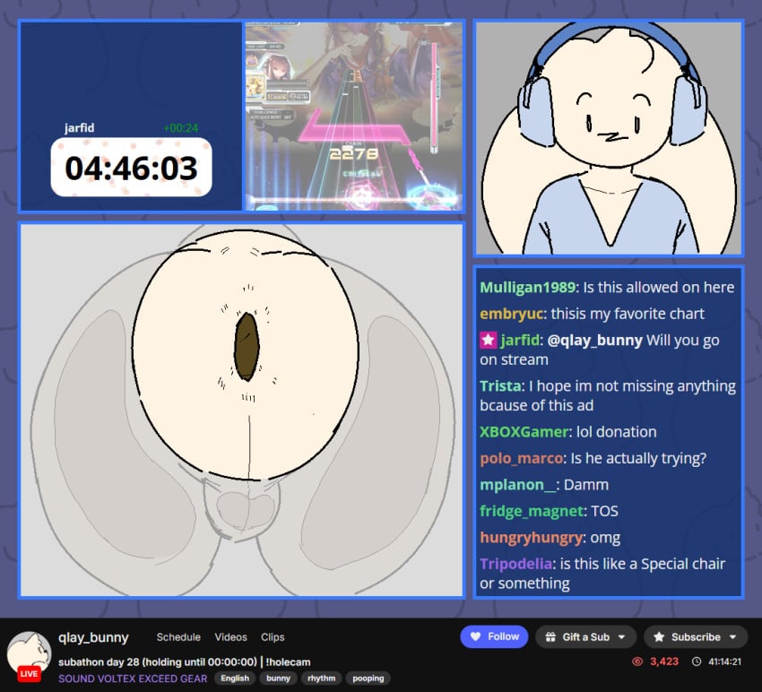 anthro anus_focus backsack balls big_butt butt butt_focus chat crowning_feces desperation dot_eyes electronics english_text exhibitionism feces genitals headphones huge_butt livestream male male_only mouthless poop_desperation scat simple_eyes social_media solo text tiosqr twitch.tv voyeur white_body wide_hips