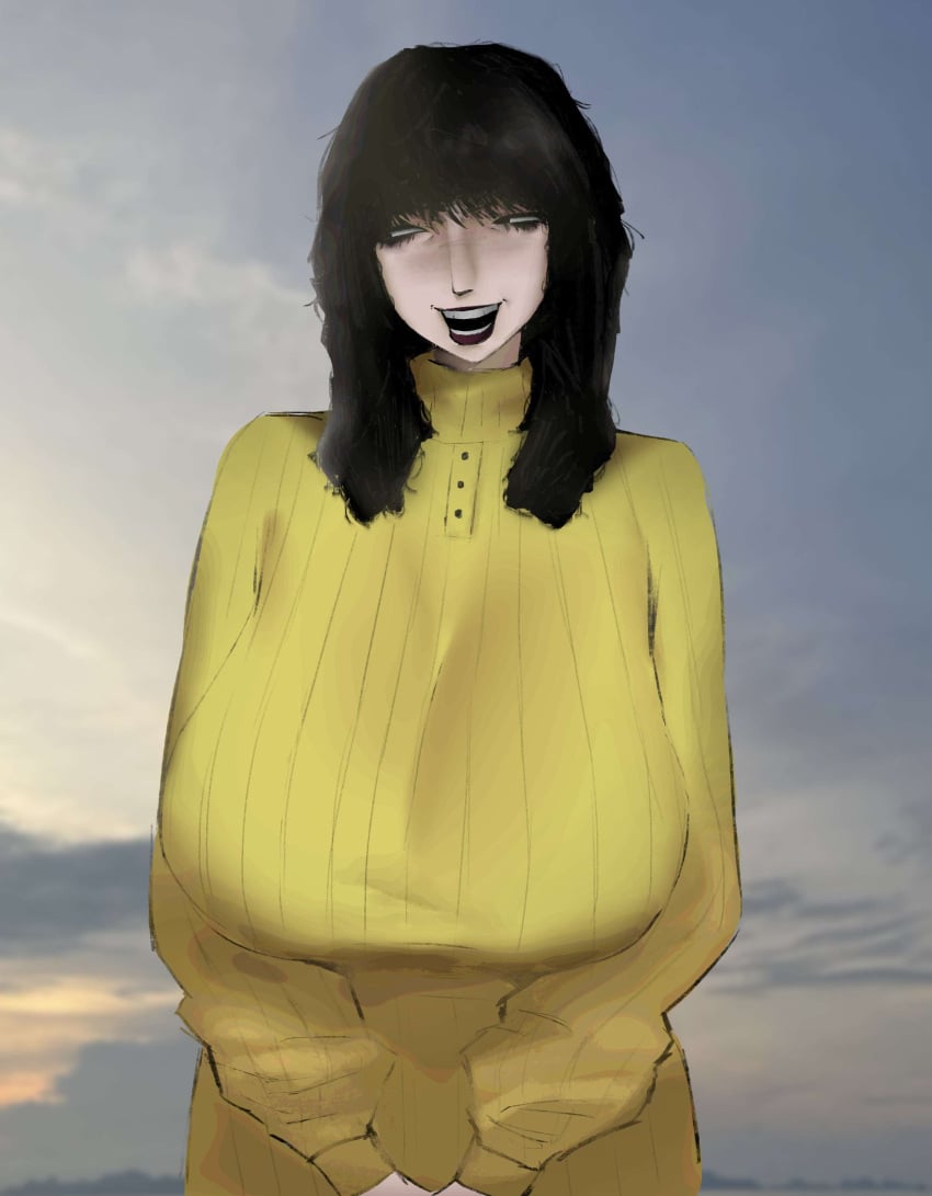 1girl big_breasts black_hair breasts buttons female hanging_breasts holding_hands huge_breasts lipstick long_nose looking_aside looking_away meruzis milf nose red_lipstick rosemary_walten sky smile smiling solo the_walten_files top_heavy turtleneck turtleneck_sweater woman