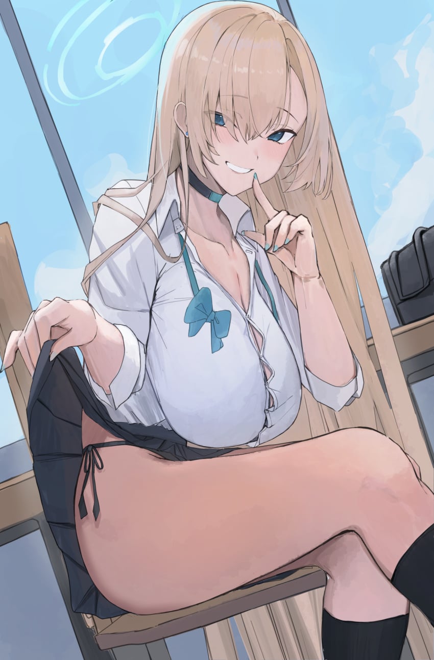 1girls asuna_(blue_archive) asuna_(school_uniform)_(blue_archive) asymmetrical_bangs black_panties black_skirt black_socks blue_archive bow bowtie breasts button_gap classroom cleavage clothes_lift collarbone earrings feet_out_of_frame female finger_to_mouth fingernails halo highres huge_breasts indoors jewelry kneehighs lifting_own_clothes light_brown_hair long_hair looking_at_viewer looking_to_the_side nail_polish open_collar panties pleated_skirt ref_(pmxt4483) sagging_breasts school_uniform shirt side-tie_panties sitting skirt skirt_lift skirt_lifted_by_self socks solo stealth_flashing straight_hair stud_earrings thighs underwear undone_bowtie very_long_hair white_shirt