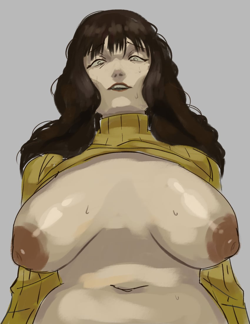 big_breasts black_hair milf rosemary_walten solo sweater sweater_up tagme the_walten_files