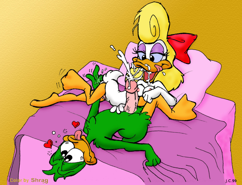 bed black_eyes blonde_hair cum_in_mouth duck fellatio hair jc loon oral plucky_duck shirley_the_loon soft_feathers tiny_toon_adventures