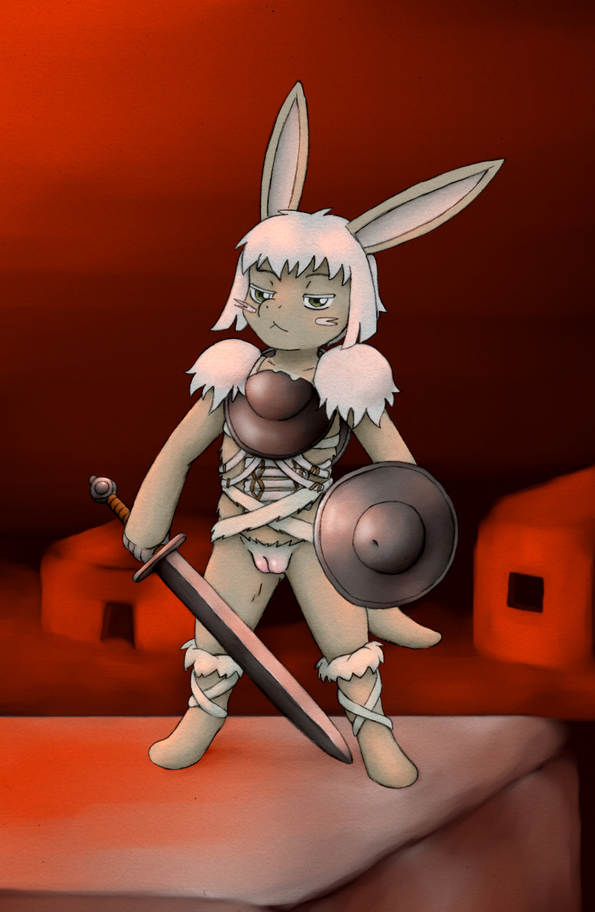 2023 absurd_res animew anthro armor biped boots bottomless bottomless_female clothed clothing eyebrows female footwear front_view genitals green_eyes hair half-closed_eyes hi_res holding_object holding_shield holding_sword holding_weapon looking_at_viewer made_in_abyss melee_weapon nanachi narehate narrowed_eyes outside pussy shield short_hair solo standing sword tan_body weapon whiskers white_hair