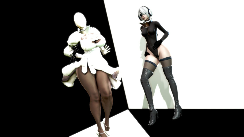 2girls 3d android big_ass big_breasts blindfold busty clothes_swap crossover dark-skinned_female featureless_face haydee haydee_(game) heels honey_select leotard light-skinned_female muscular_female nier:_automata prevence robot robot_girl thick_thighs thighhighs yorha_2b