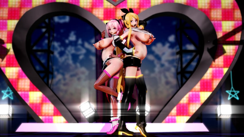 2girls 3d alternate_breast_size alternate_hair_color big_breasts blonde_hair bow_hairband breasts breasts_out hatsune_miku iwara kagamine_rin large_areolae lion_musashi long_hair mmd nipples pink_hair skimpy thighhighs vocaloid