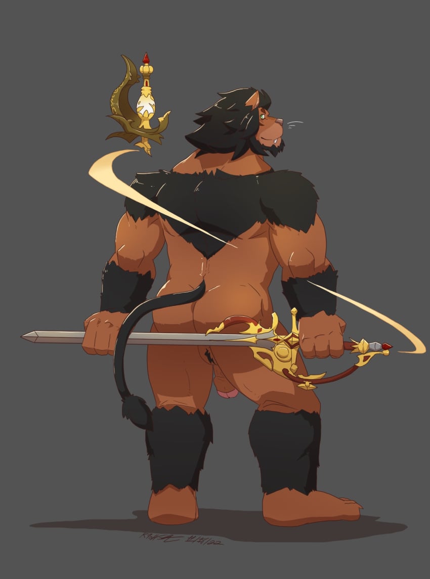 1boy 2022 anthro artist_signature ass backsack ball_tuft balls ballsack beard beefy black_hair body_fur brown_fur facial_hair feline final_fantasy final_fantasy_xiv foreskin genitals hi_res hrothgar humanoid_penis intact k_hunnicutt leonine leonine_tail male male_only mammal mane melee_weapon muscles muscular_male nude_male partially_retracted_foreskin penis pinup pose rapier red_mage scrotum semi-erect smooth_penis solo square_enix sword tail_tuft testicles tuft uncut weapon