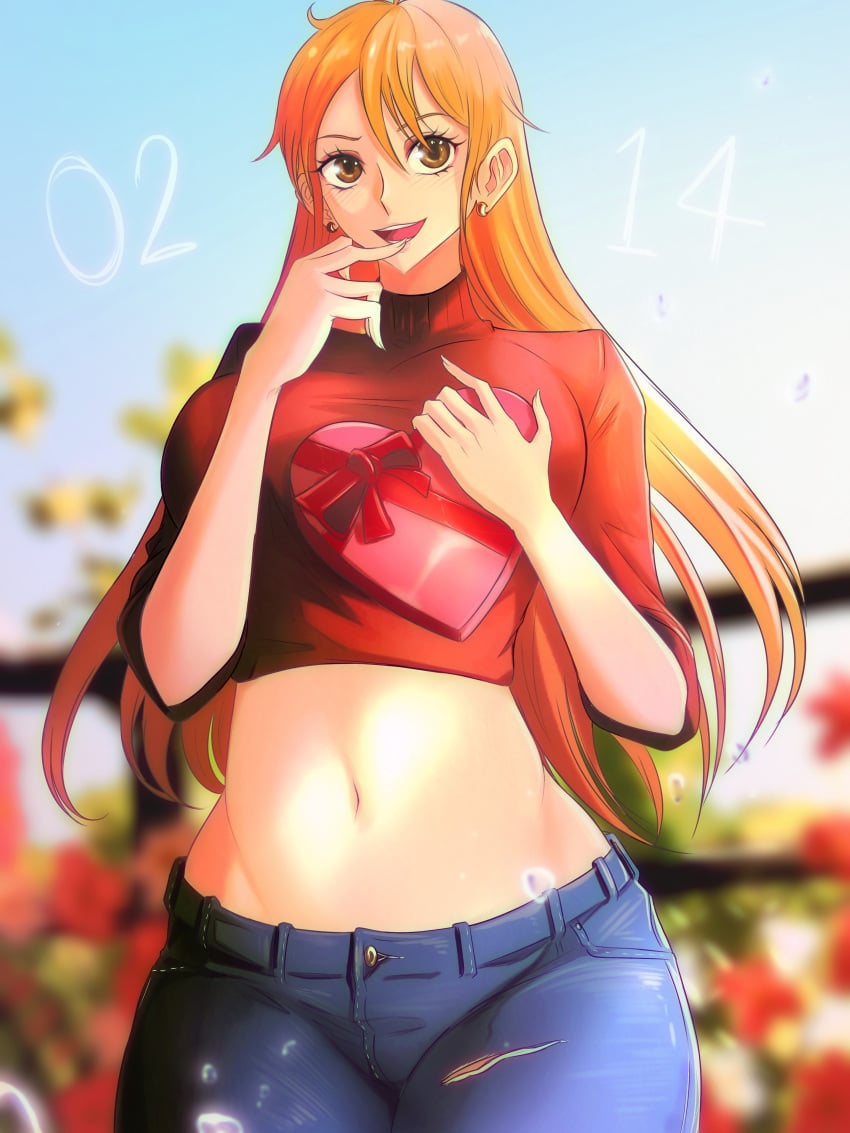 chocolate_heart female female_only jeans midriff nami one_piece opalisart post-timeskip valentine's_day