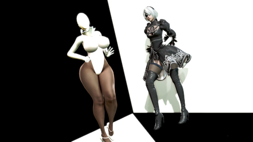 2girls 3d android big_ass big_breasts blindfold busty clothes_swap crossover dark-skinned_female featureless_face haydee haydee_(game) heels honey_select leotard light-skinned_female muscular_female nier:_automata prevence robot robot_girl thick_thighs thighhighs yorha_2b