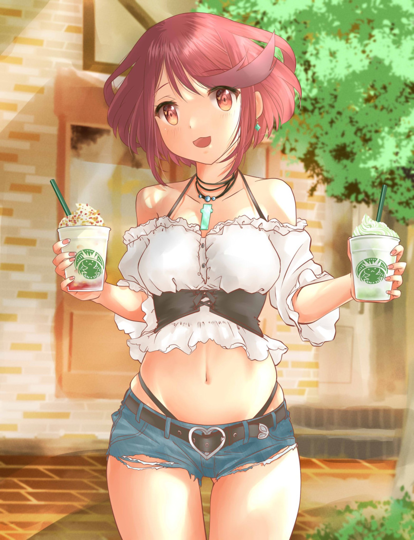 1girls belt belt_buckle breasts building coffee coffee_cup core_crystal crop_top earrings heart-shaped_buckle highleg highleg_panties holding_coffee_cup jean_shorts large_breasts looking_at_viewer midriff navel necklace nintendo outside painted_fingernails pyra red_eyes red_hair shiroxai short_hair short_shorts starbucks tree white_crop_top xenoblade_(series) xenoblade_chronicles_2