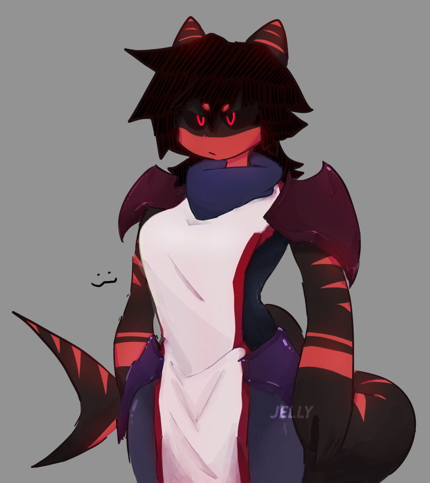 armor black_fur black_hair doodle female furry furry_tail grey_background jellyoyix red_fur red_pupils scarf shark shark_girl shark_tail sketch solo watermark